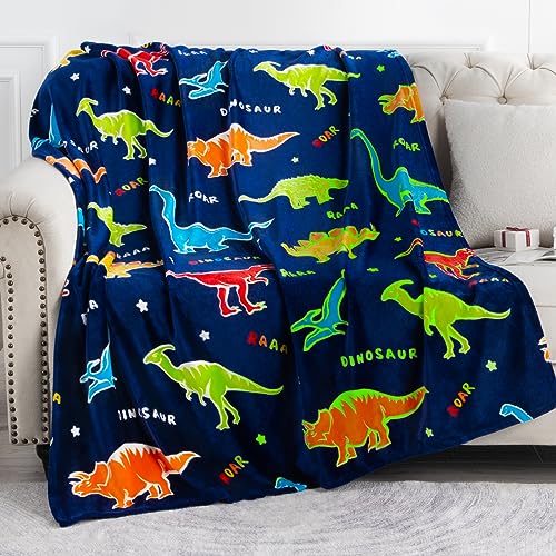 Dinosaur Gifts Toys for Boys Girls - Glow in The Dark Dino Blanket Best Christmas Birthday Valentines Easter Presents for Kids Age 1 2 3 4 5 6 7 8 9 10 Year Old Child Teen Toddler Soft Throw 50x60