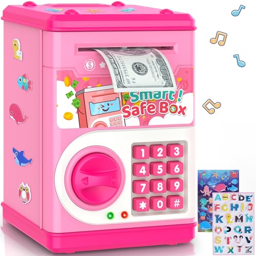 Pink Piggy Bank for Kids with Password Code Lock and Auto Grab Bill Slot. PhilaeEC Real Money Cash Coin Can Saving Box Electronic Money Safe Bank. Hot Gift for 4 7 8 9 10 11 Year Old Boys Girls